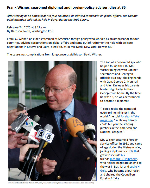 Frank George Wisner II (1938-2025): Brilliant Diplomat, Influential ...